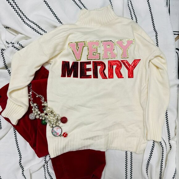 Super Soft Cream Color Mock Neck Sweater Christmas Red Pink Very Merry - Picture 1 of 2